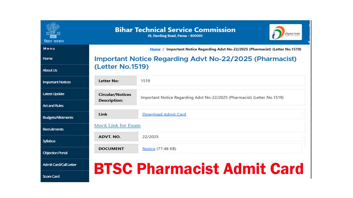 Bihar BTSC Pharmacist Admit Card 2025