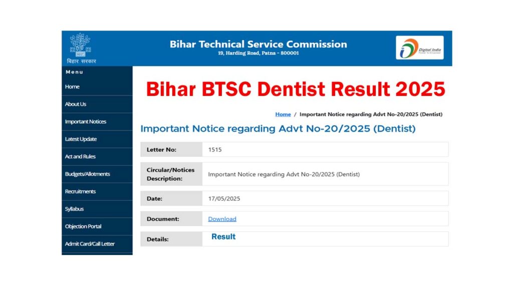 Bihar BTSC Dentist Result 2025