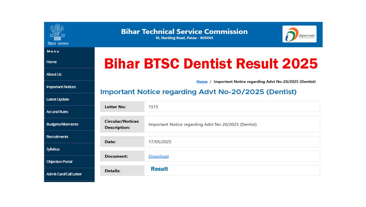 Bihar BTSC Dentist Result 2025