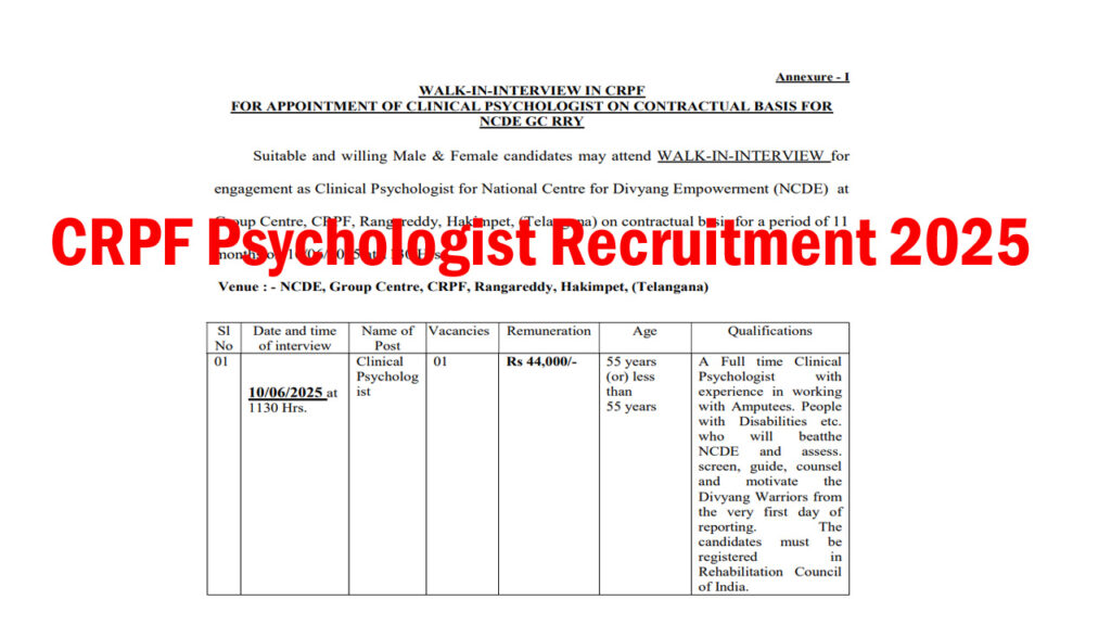 CRPF Psychologist Recruitment 2025