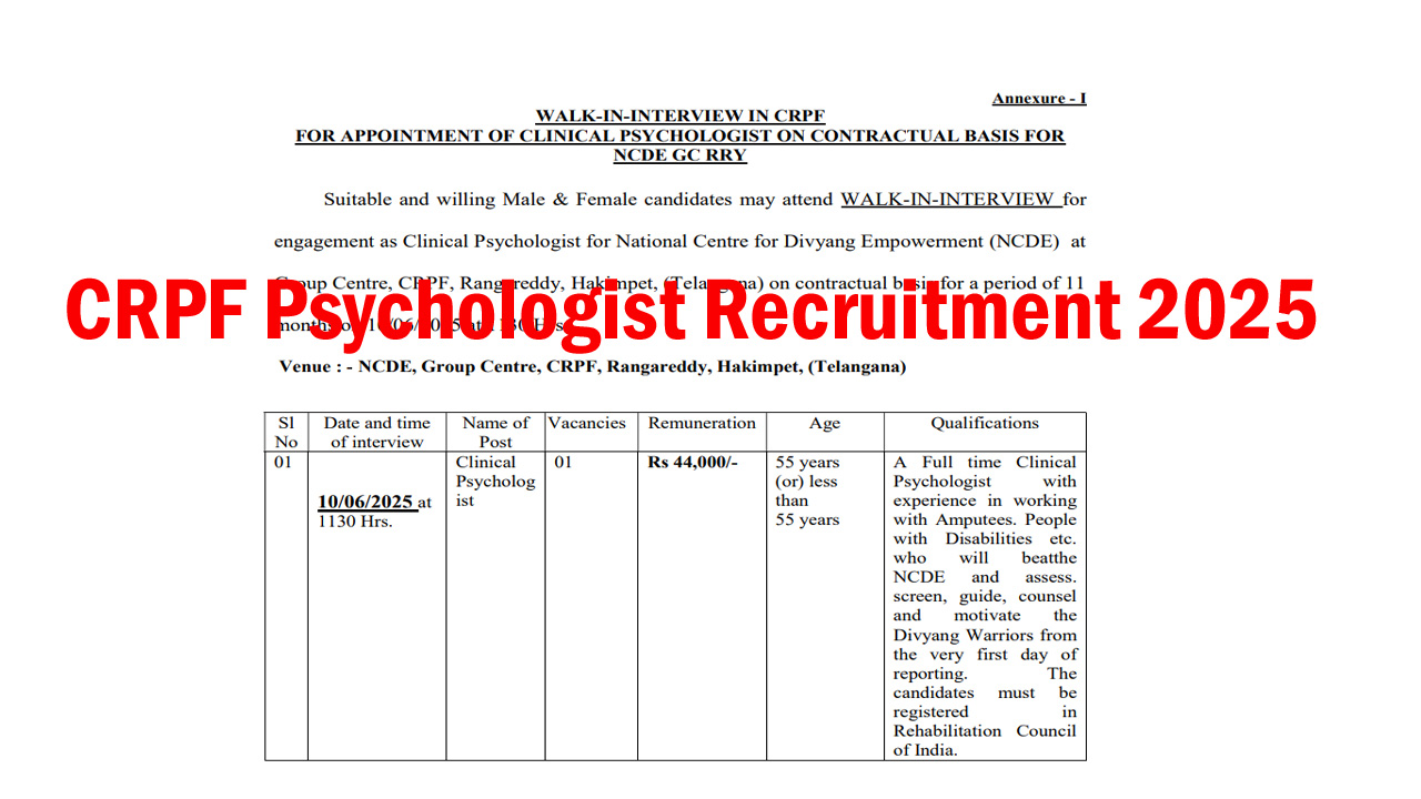 CRPF Psychologist Recruitment 2025